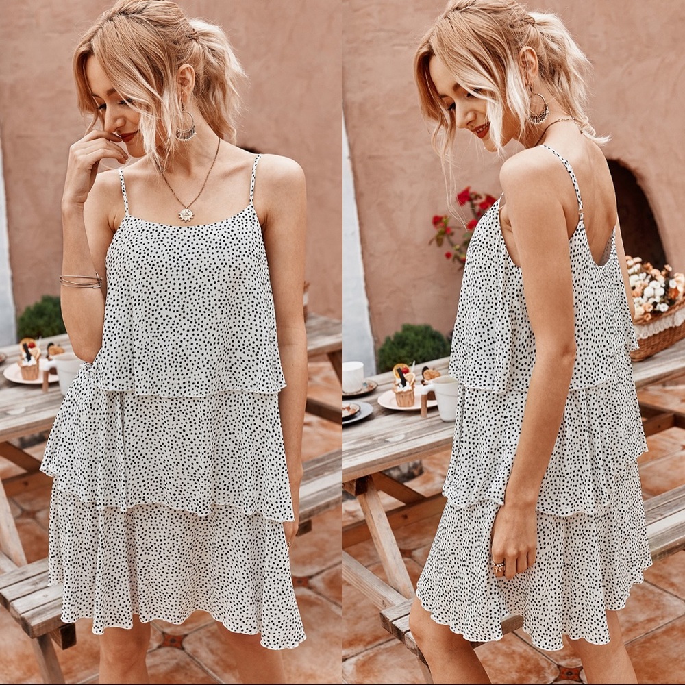 🔥 White Dot Print Tiered Slip Dress
